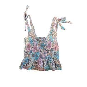 Olivaceous smocked cropped ruffle peplum tank purple floral medium tie shoulder